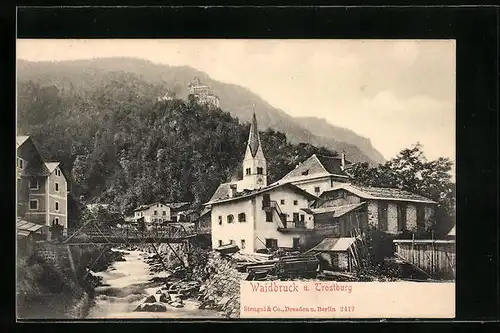 AK Waidbruck, Uferpartie mit Kirche und Trostburg