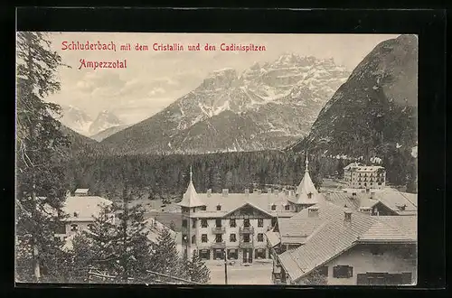 AK Schluderbach /Ampezzotal, Panorama mit dem Cristallin und den Caldinispitzen