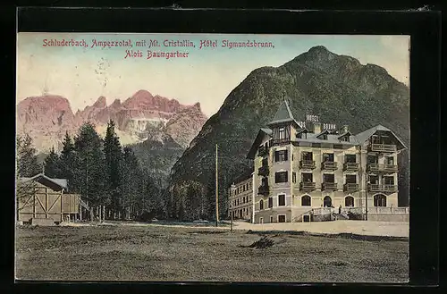 AK Schluderbach /Ampezzotal, Ortspartie mit Mt. Cristallin und Hotel Sigmundsbrunn