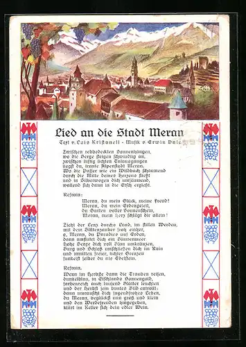 Künstler-AK Meran, Panorama, Lied an die Stadt Meran
