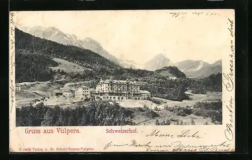 AK Vulpera, Hotel Schweizerhof mit Umgebung aus der Vogelschau
