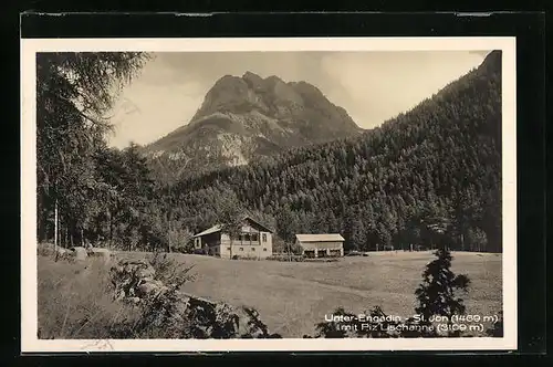 AK St. Jon /Unterengadin, Haus mit Nebengebäude und Piz Lischanne