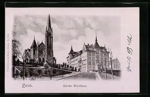 AK Zürich, Strassenpartie an der Kirche Wiedikon