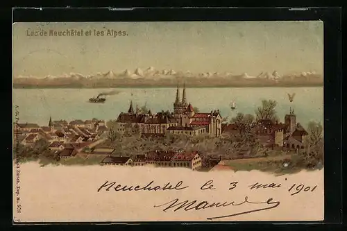 AK Neuchatel, Lac de Neuchatel et les Alpes