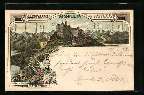Lithographie Rigi-Kulm, Schreiber`s Hotels`s auf dem Berg