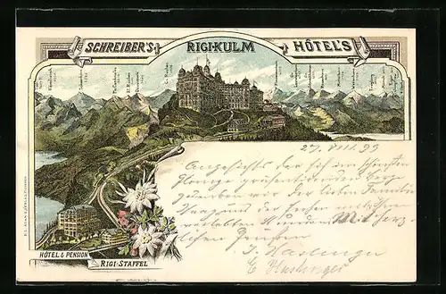 Lithographie Rigi-Kulm, Blick auf Schreiber`s Hotel`s