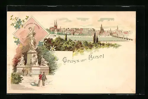 Lithographie Basel, Ortspartie und St. Jacobs-Denkmal