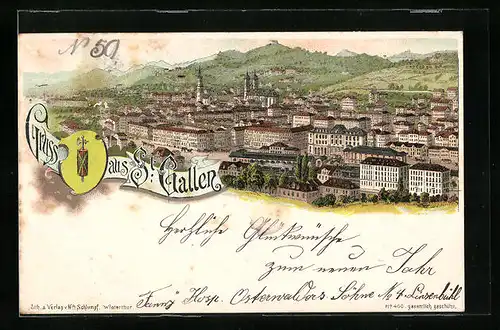 Lithographie St. Gallen, Ortsansicht mit Blick auf die Kirchen