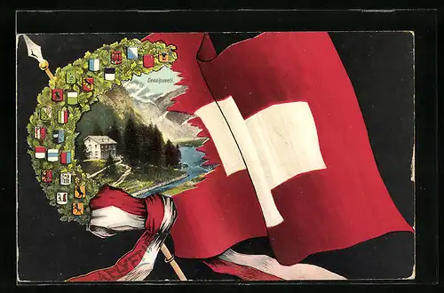 AK Seealpsee, Haus am See, Schweizer Flagge