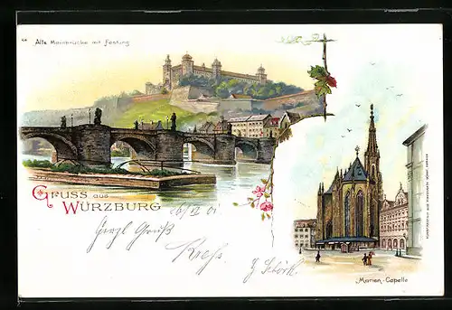 Lithographie Würzburg, Alte Mainbrücke mit Festung, Marienkapelle