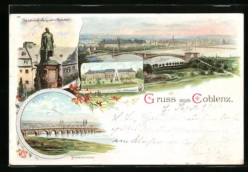 Lithographie Koblenz, Denkmal August v. Goeben, Kgl. Schloss, Moselbrücke