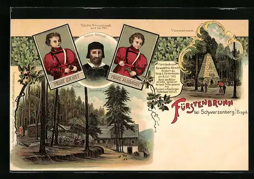 Lithographie Fürstenbrunn im Erzgeb., Sächs. Prinzenraub, Gasthaus mit Pavillon und Köhlerhütte