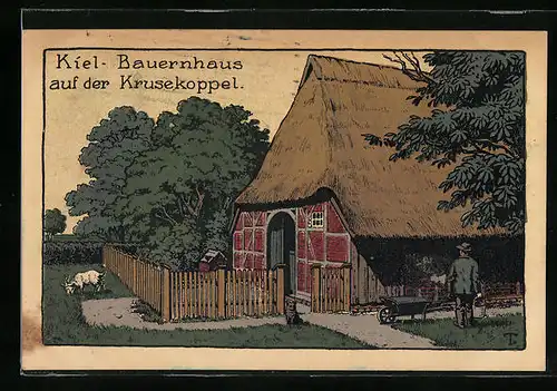 Steindruck-AK Kiel, Bauernhaus auf der Krusekoppel