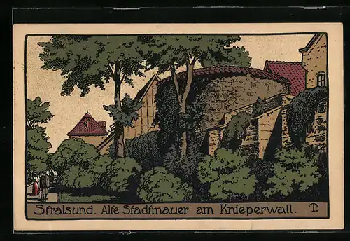 Steindruck-AK Stralsund, Alte Stadtmauer am Knieperwall