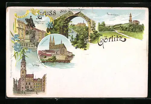 Lithographie Görlitz, Blick durch den Viaduct, Petrikirche, Weinberghaus