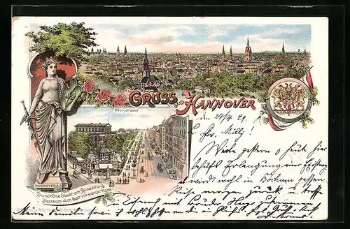 Lithographie Hannover, Panorama der Stadt, Georgstrasse aus der Vogelschau, Figur der Hannovera, Wappen