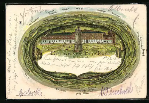 Passepartout-Lithographie Brocken, Gebäude und Turm im Bergrelief-Passepartout
