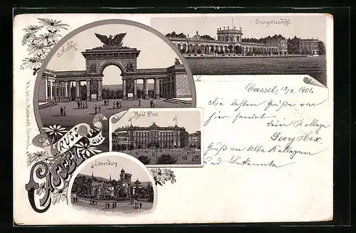 Lithographie Cassel, Auethor, Orangerieschloss, Post und Löwenburg