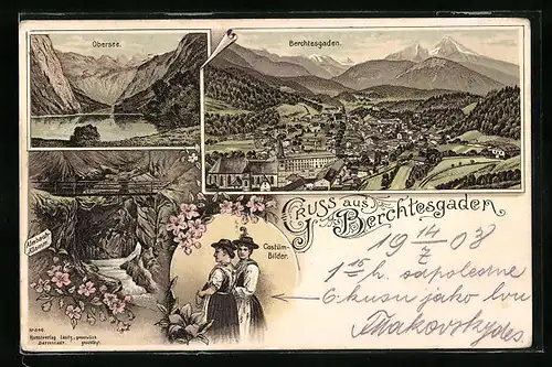 Lithographie Berchtesgaden, Gesamtansicht, Obersee, Trachten und Almbach-Klamm