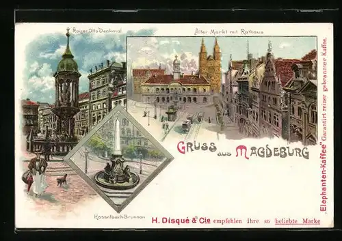 Lithographie Magdeburg, Alter Markt mit Rathaus, Kaiser-Otto-Denkmal