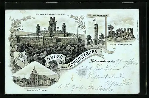 Lithographie Hohensyburg, Ruine, Kirche, Kaiser Wilhelm-Denkmal und Kirche zu Syburg