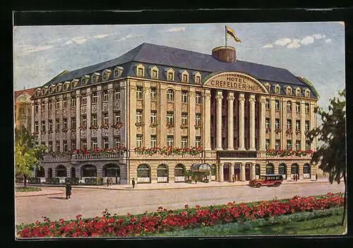 Künstler-AK Krefeld, Hotel Krefelder Hof mit Strasse und Automobil