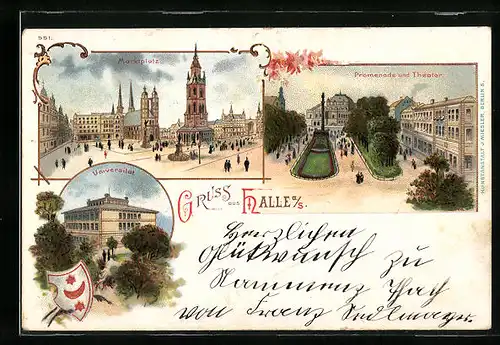 Lithographie Halle a. S., Promenade und Theater, Universität, Marktplatz