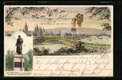Künstler-AK Mainz, Blick v. d. Neuen Anlagen, Joh. Gensfleisch von Gutenberg