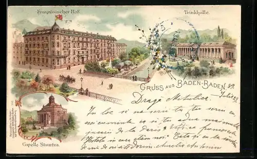 Lithographie Baden-Baden, Hotel Französischer Hof, Trinkhalle, Capelle Stourtza