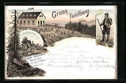 Lithographie Feldberg, Restaurant v. Fr. Sturm und Altkönig, Brunhilden Felsen, Wanderer