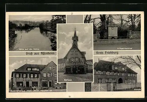 AK Assenheim /Kreis Friedberg, Geschäftshaus Adolf Ullrich Hauptstrasse 23, Rathaus, Blick auf die Mühle