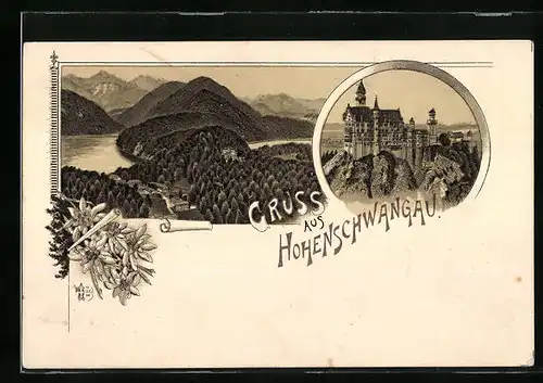 Lithographie Hohenschwangau, Schloss, Panorama