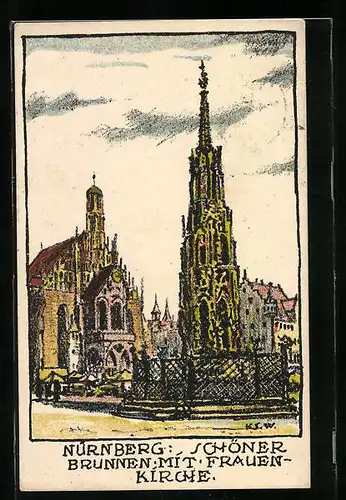 Steindruck-AK Nürnberg, Schöner Brunnen mit Frauenkirche