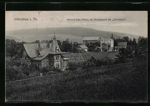 AK Oldisleben i. Th., Weineck`sche Mühle, im Hintergrund Gasthaus Schmücke