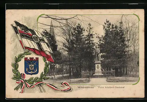 AK Wilhelmshaven, Prinz-Adalbert-Denkmal mit Wappen der kaiserlichen Marine