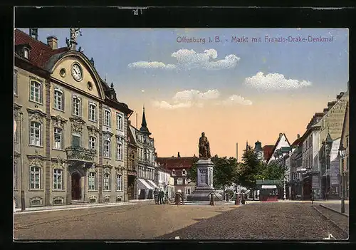 AK Offenburg i. B., Markt mit Franzis-Drake-Denkmal