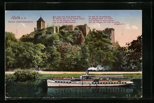 AK Halle a. S., Ruine Giebichenstein mit Ausflugsdampfer