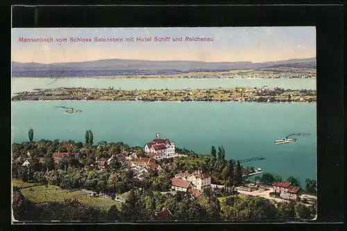 AK Mannenbach, Panoramablick vom Schloss Salenstein auf Hotel Schiff und Reichenau