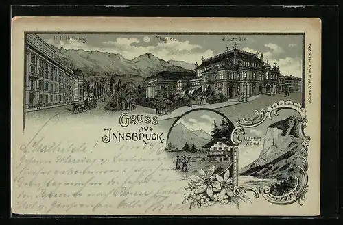 Mondschein-Lithographie Innsbruck, Teilansicht der Stadt, Martinswand