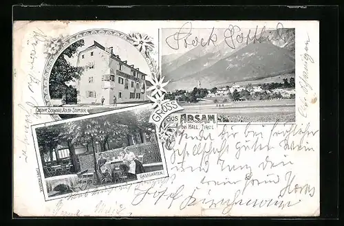 AK Absam b. Hall, Gastgarten, Gasthof Schwarz Adler-Stamser