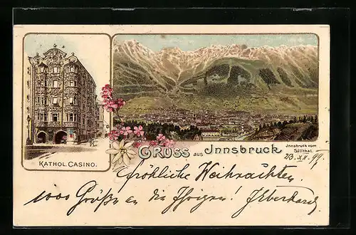 Lithographie Innsbruck, Ortsansicht und Kathol. Casino