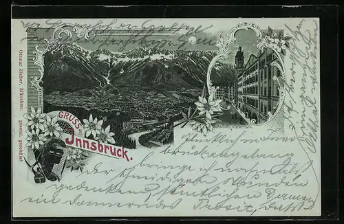 Mondschein-Lithographie Innsbruck, Gesamtansicht der Stadt, Goldenes Dachl