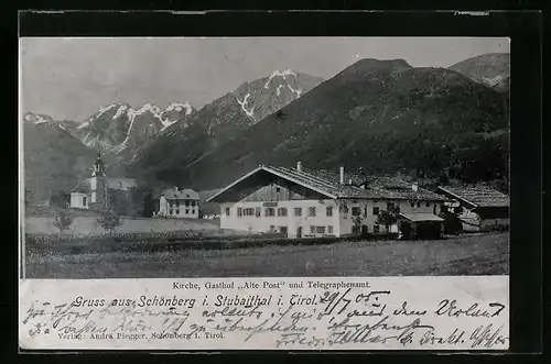 AK Schönberg i. Stubaithal, Kirche, Gasthof Alte Post und Telegraphenamt