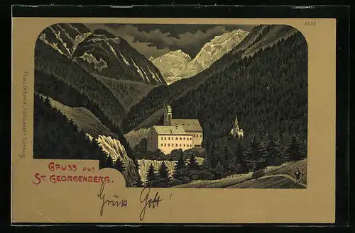 Mondschein-Lithographie St. Georgenberg, Ortsansicht gegen das Gebirge