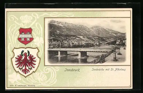 Präge-AK Innsbruck, Innbrücke mit St. Nikolaus, Wappen