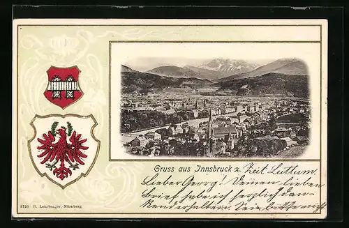 Präge-AK Innsbruck, Blick auf Stadt und Gebirge, Wappen