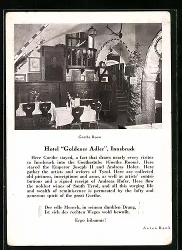 AK Innsbruck, Hotel Goldener Adler, Goethe Room