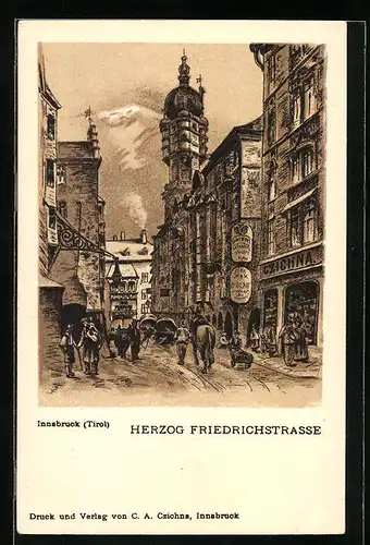 Künstler-AK Innsbruck, Blick in die Herzog Friedrichstrasse
