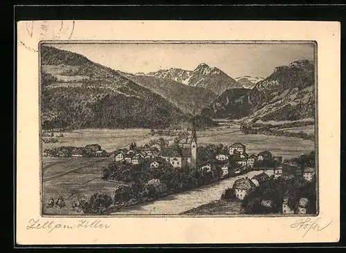 Künstler-AK Zell am Ziller, Panoramablick auf Ort und Berge
