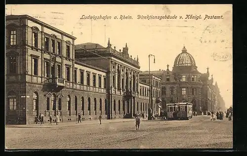 AK Ludwigshafen am Rhein, Strassenbahnen vor dem Kgl. Postamt